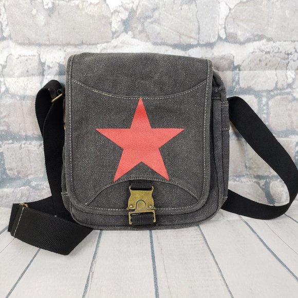 Vintage Handbags - Vintage 90s Canvas Crossbody Bag Red Star Gray